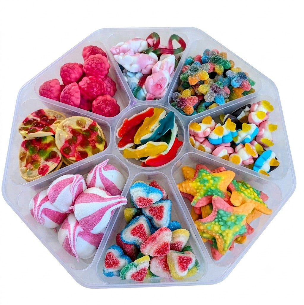 Sweet Feasts Candy Boards gummy sweet platter featuring a vibrant assortment of retro and modern colourful candies