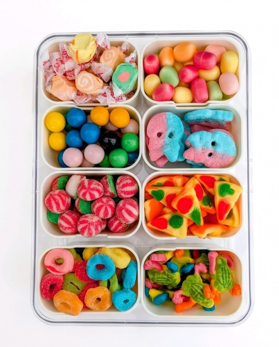 Sweet Feasts Candy Boards variety snackle box filled with colourful assorted sweets including candy pizza and gummies.
