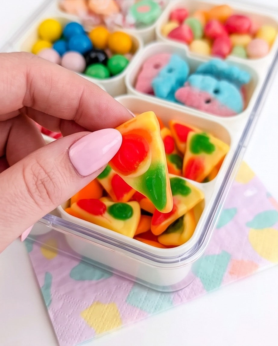 Sweet Feasts Candy Boards snackle box filled with colourful gummy sweets including candy pizza slices and meringues.