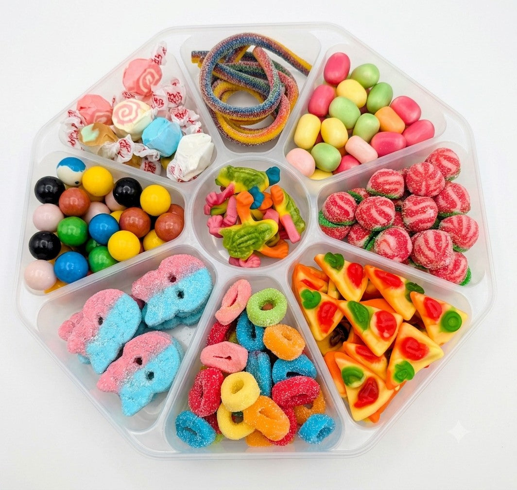 Sweet Feasts Candy Boards mixed sweet platter featuring colourful gummies, fizzy bites, and retro sweets in a tray.