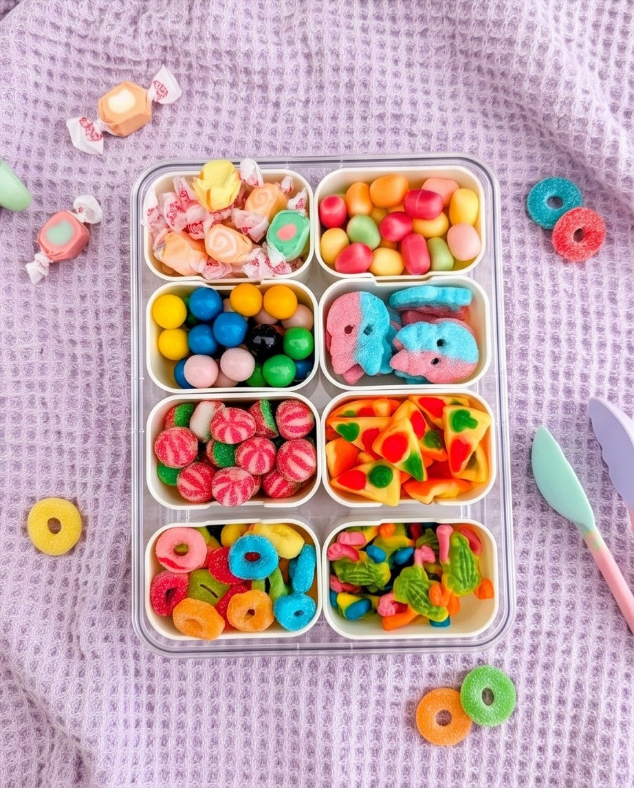 Sweet Feasts Candy Boards snackle box filled with eight varieties of colourful gummy sweets on a lilac textured cloth