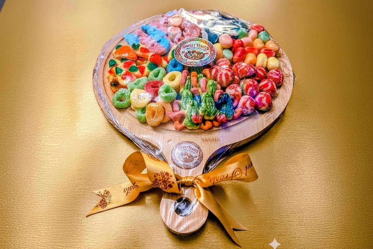 Sweet Feasts Candy Boards assorted confectionery platter featuring colourful gummies and sweets on a wooden board.