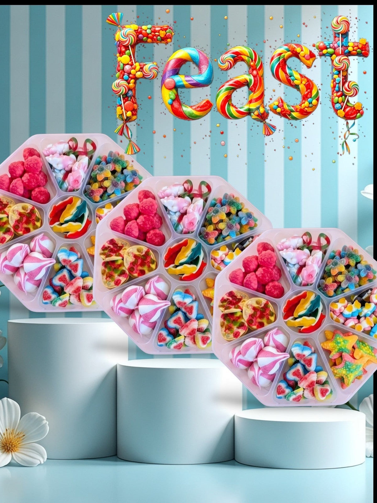 Sweet Feasts Candy Boards gummy sweet platter featuring a vibrant selection of retro and modern candies in a tray.