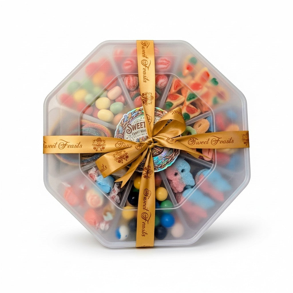 Sweet Feasts Candy Boards octagonal hard candy platter with assorted colourful sweets, tied with a branded gold ribbon.