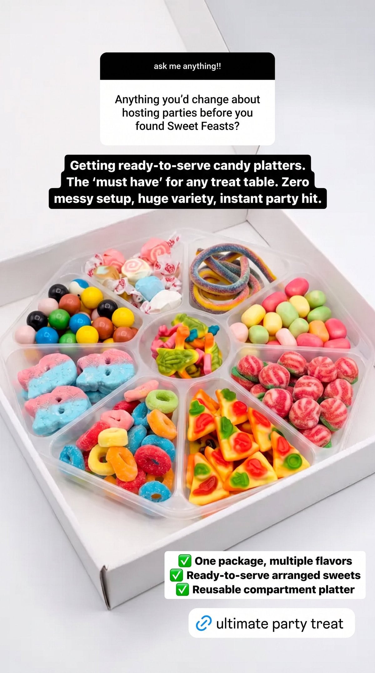 Sweet Feasts Candy Boards variety sweet platter featuring assorted colourful gummies and retro sweets in a tray.