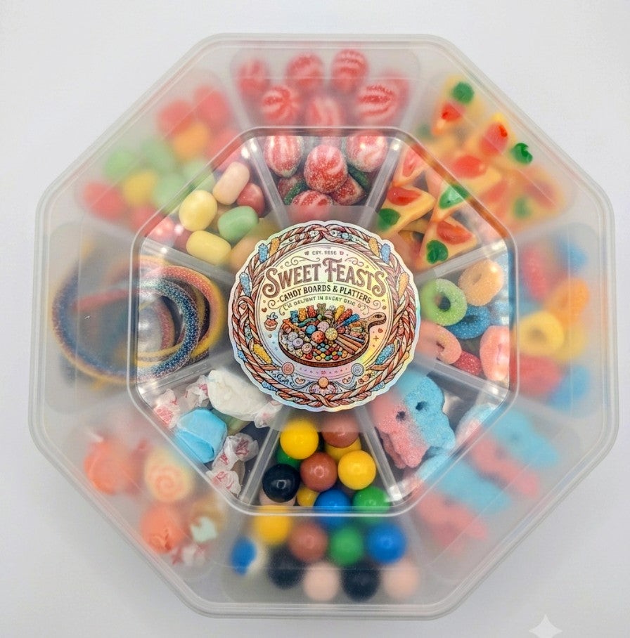 Sweet Feasts Candy Boards mixed sweet platter in a reusable lidded tray featuring assorted retro gummies and candies.
