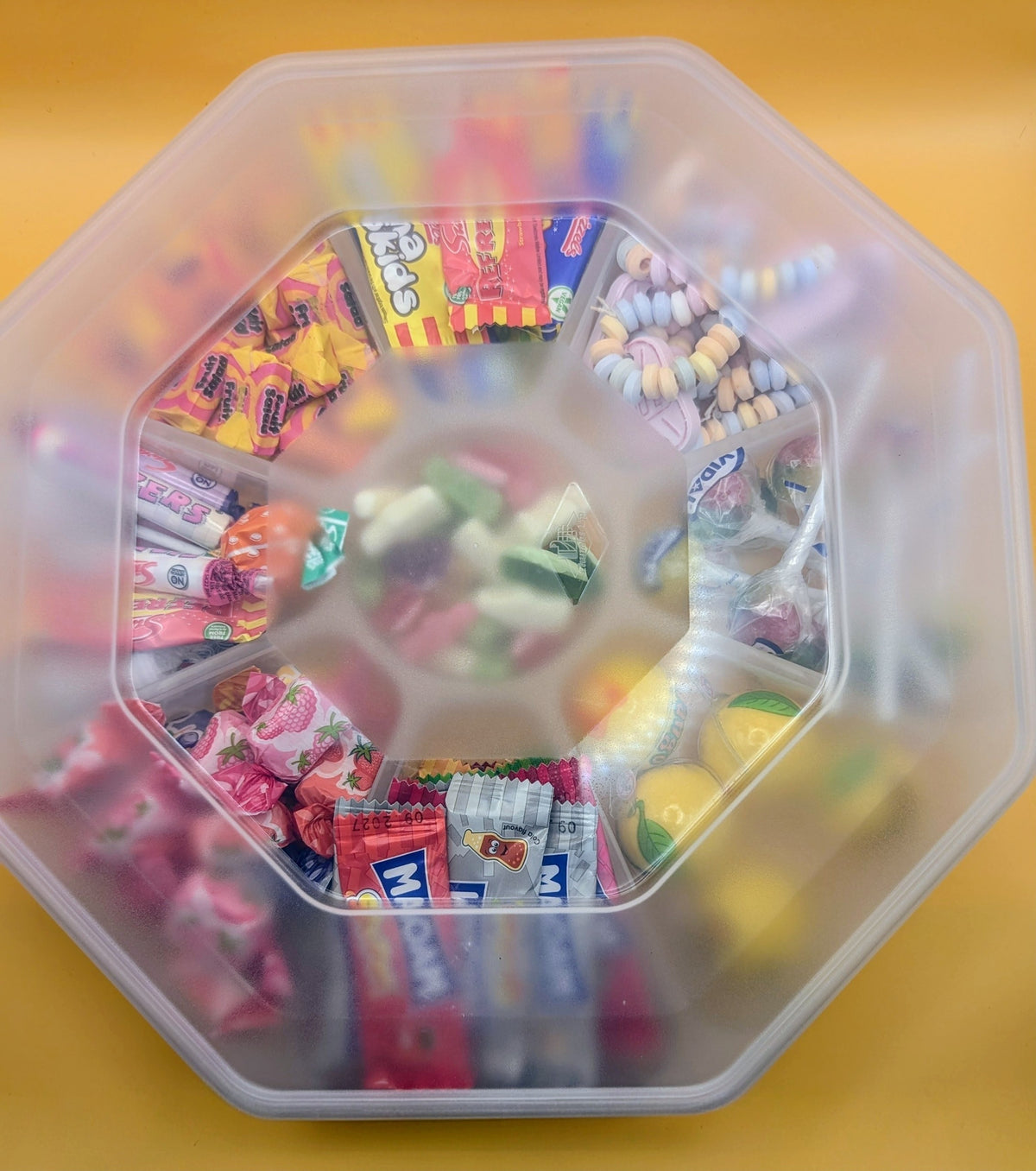 Sweet Feasts Candy Boards assorted retro sweet platter in a clear octagonal tray with various colourful candies