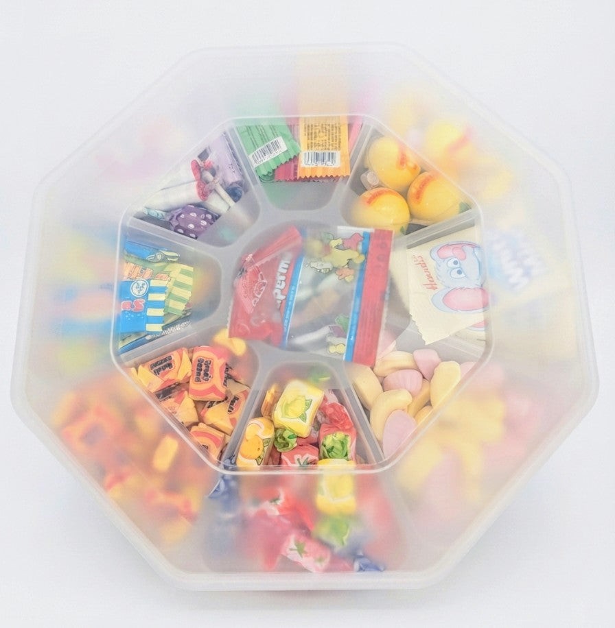 Sweet Feasts Candy Boards retro sweet platter featuring a variety of classic colourful candies in a reusable tray.