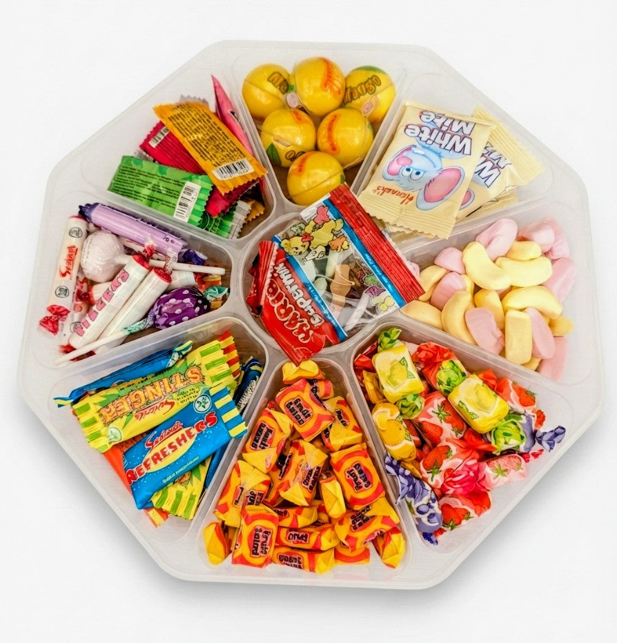 Sweet Feasts Candy Boards retro sweet platter featuring a variety of colourful classic sweets in a partitioned tray.