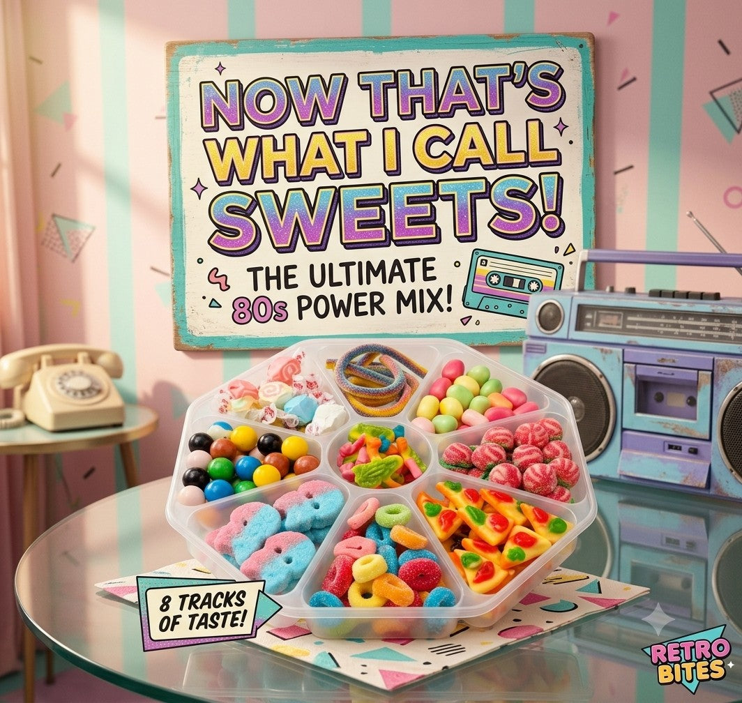 Sweet Feasts Candy Boards mixed retro sweet platter in a lidded tray with gummies, fizzy bites, and nostalgic candies.