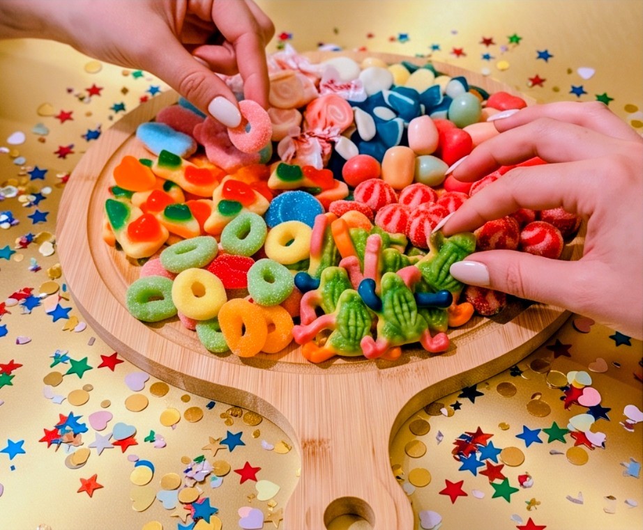 Sweet Feasts Candy Boards variety sweet platter on a rustic bamboo board with colourful pick n mix sweets and confetti