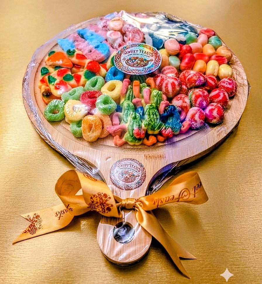 Sweet Feasts Candy Boards variety sweet platter on a rustic bamboo board with a gold ribbon bow